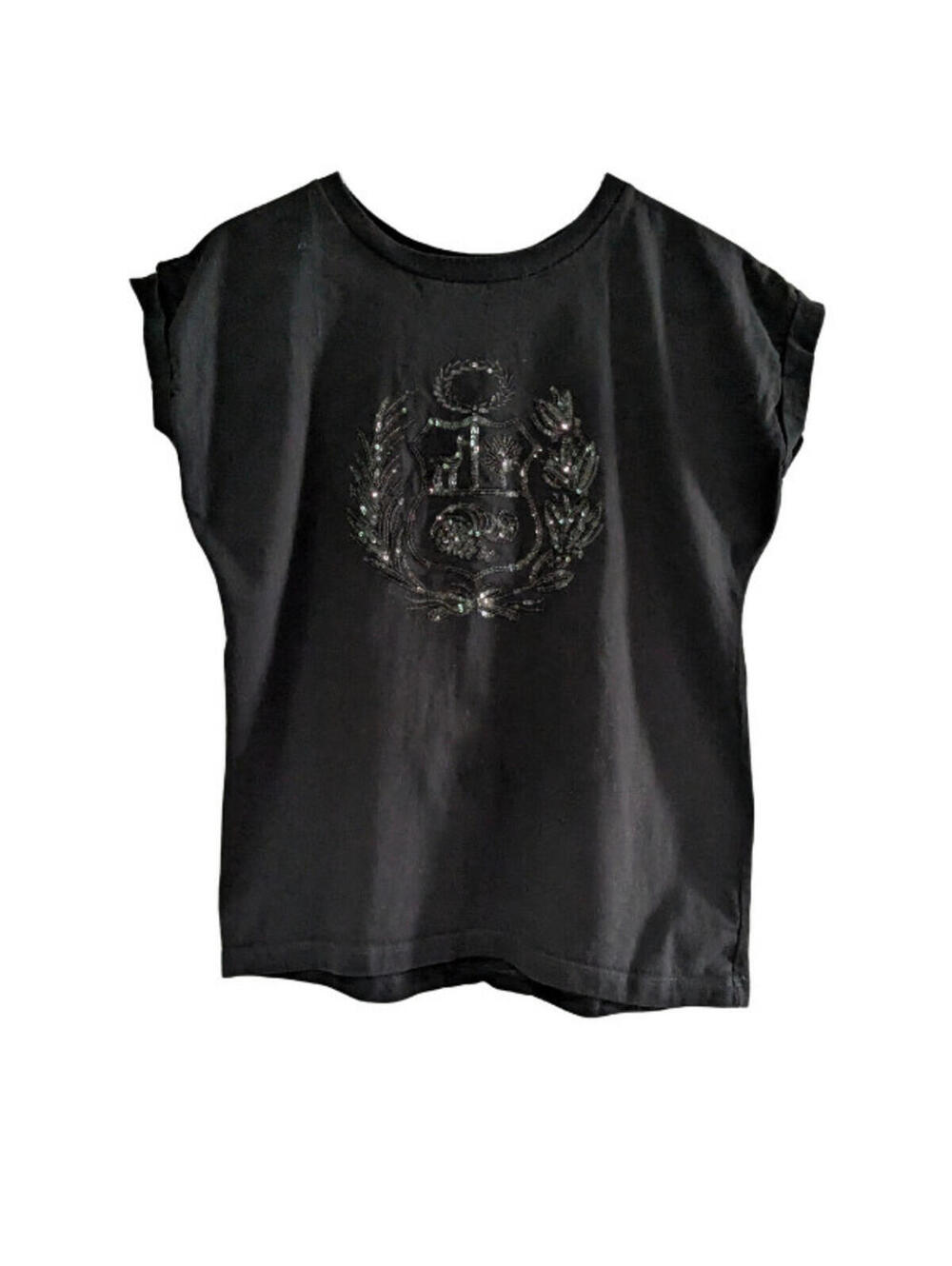 Keromi Women's Limited Edition T-Shirt Black, Large, Sequined Crest, Cap Sleeves